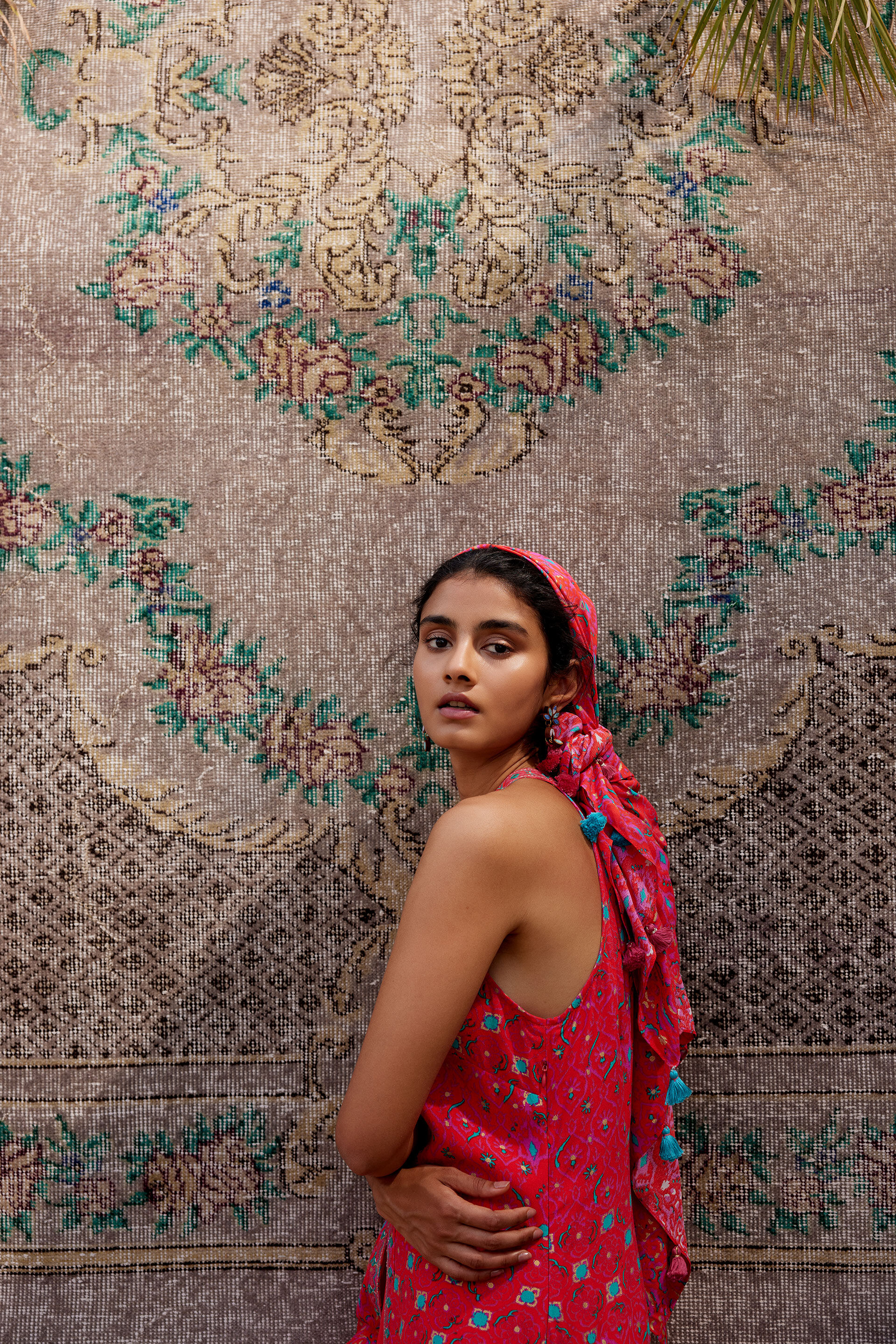 Festive Embroidered Ikat inspired Viscose Kurta set, Orange, image 2